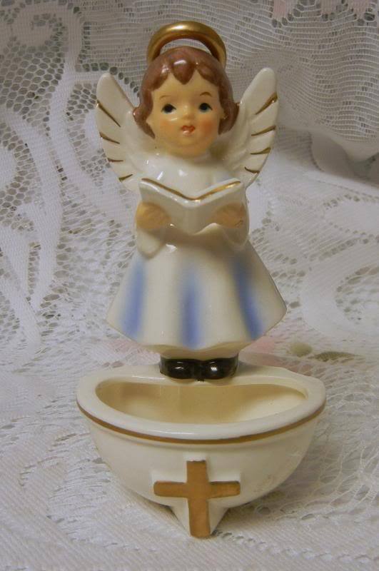 Japan Porcelain Sanmyro Figurine Angel Christian Cross Holy Water Basin Rare