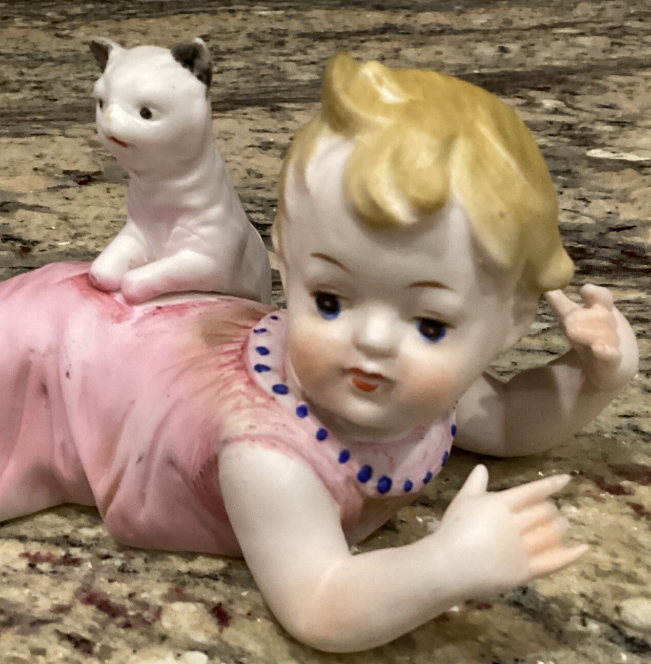 BABY GIRL W KITTEN BISQUE PIANO BABY FIGURINE 6 3/4”L Delicate Fingers No Flaws