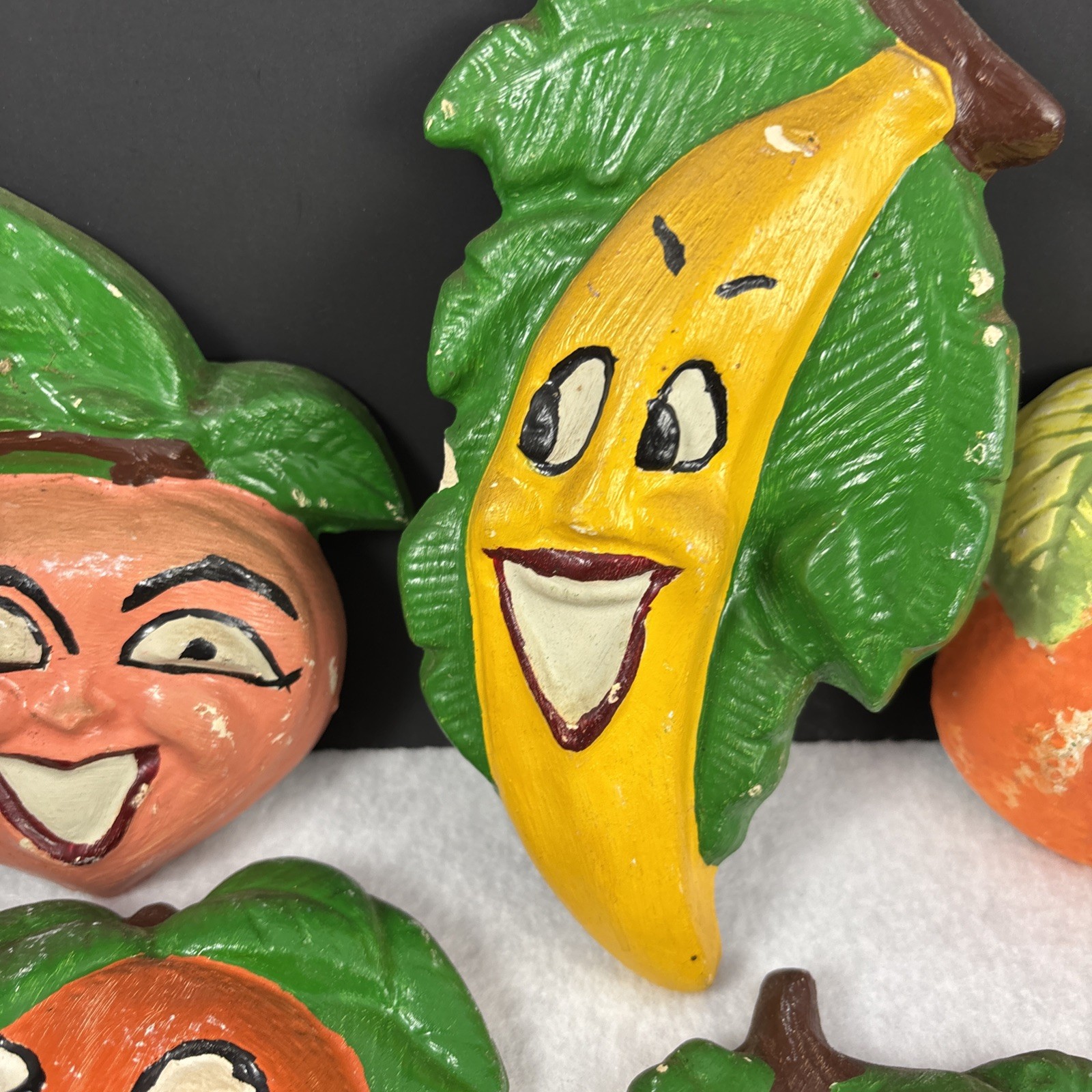 Vintage Iridescent Anthropomorphic Fruit Chalkware Wall Plaques Set Of 7 50s/60s
