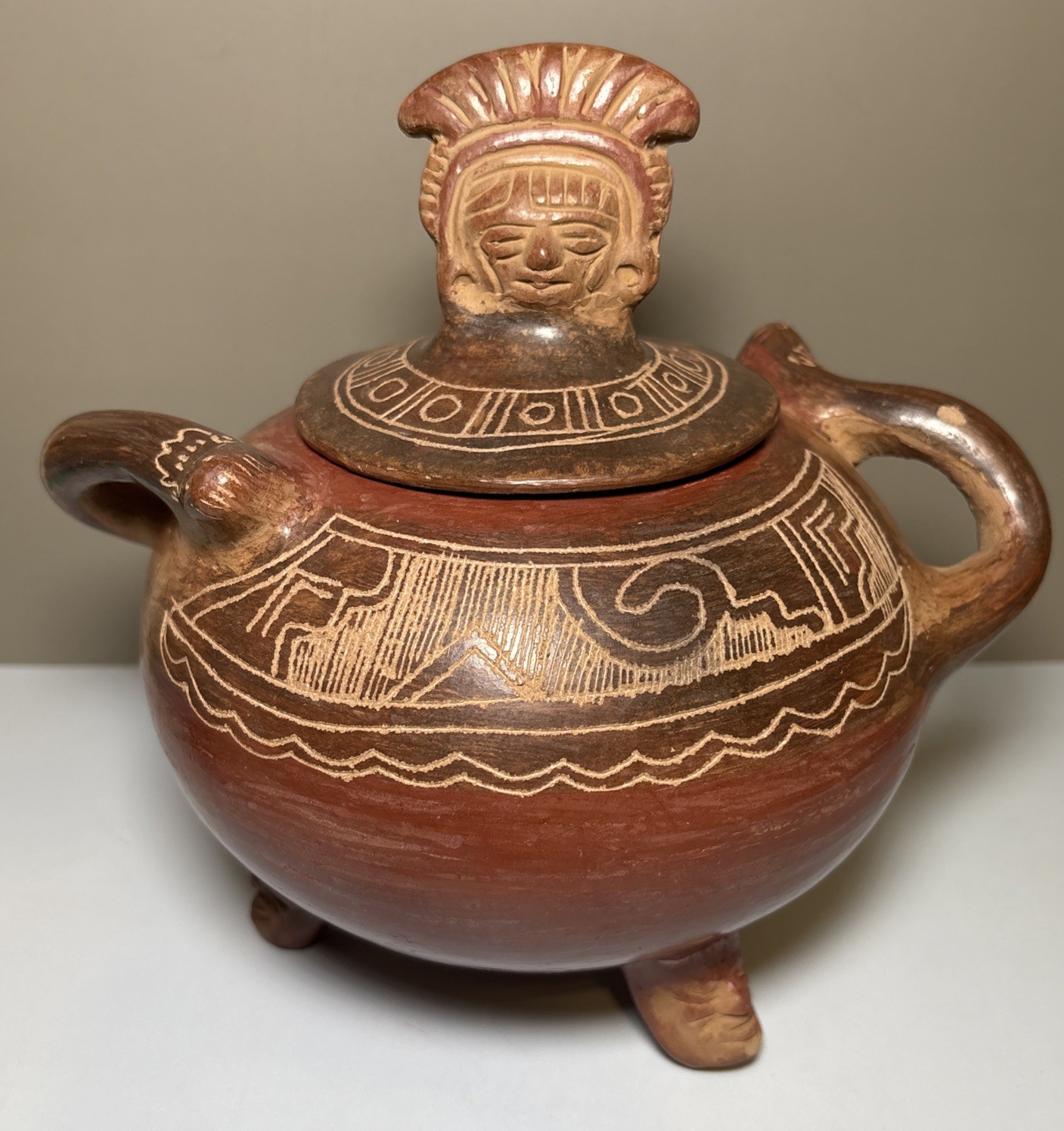 Mayan Ceramic Terracotta Tripod Bowl 2 Handles Tribal Etched Design Effigy Lid