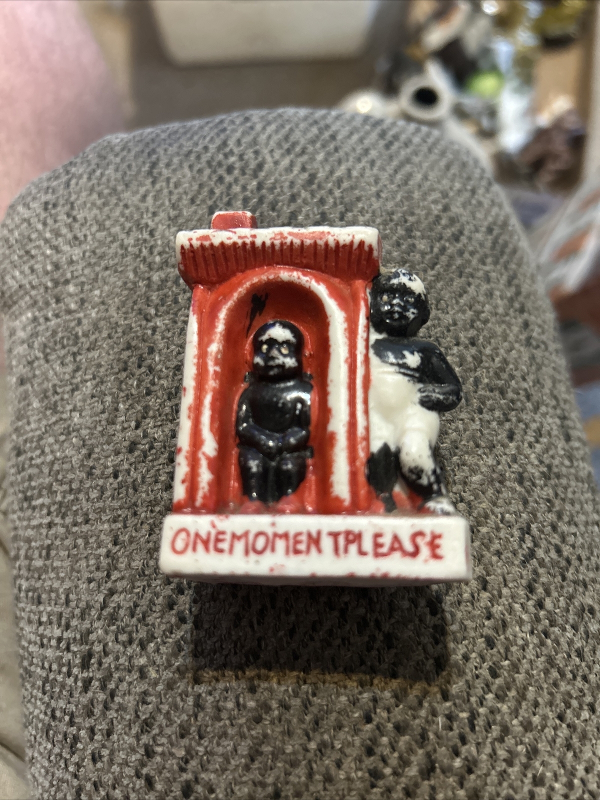 Early Ceramic Child in Outhouse “One Moment Please” Marked Japan 2 3/4″