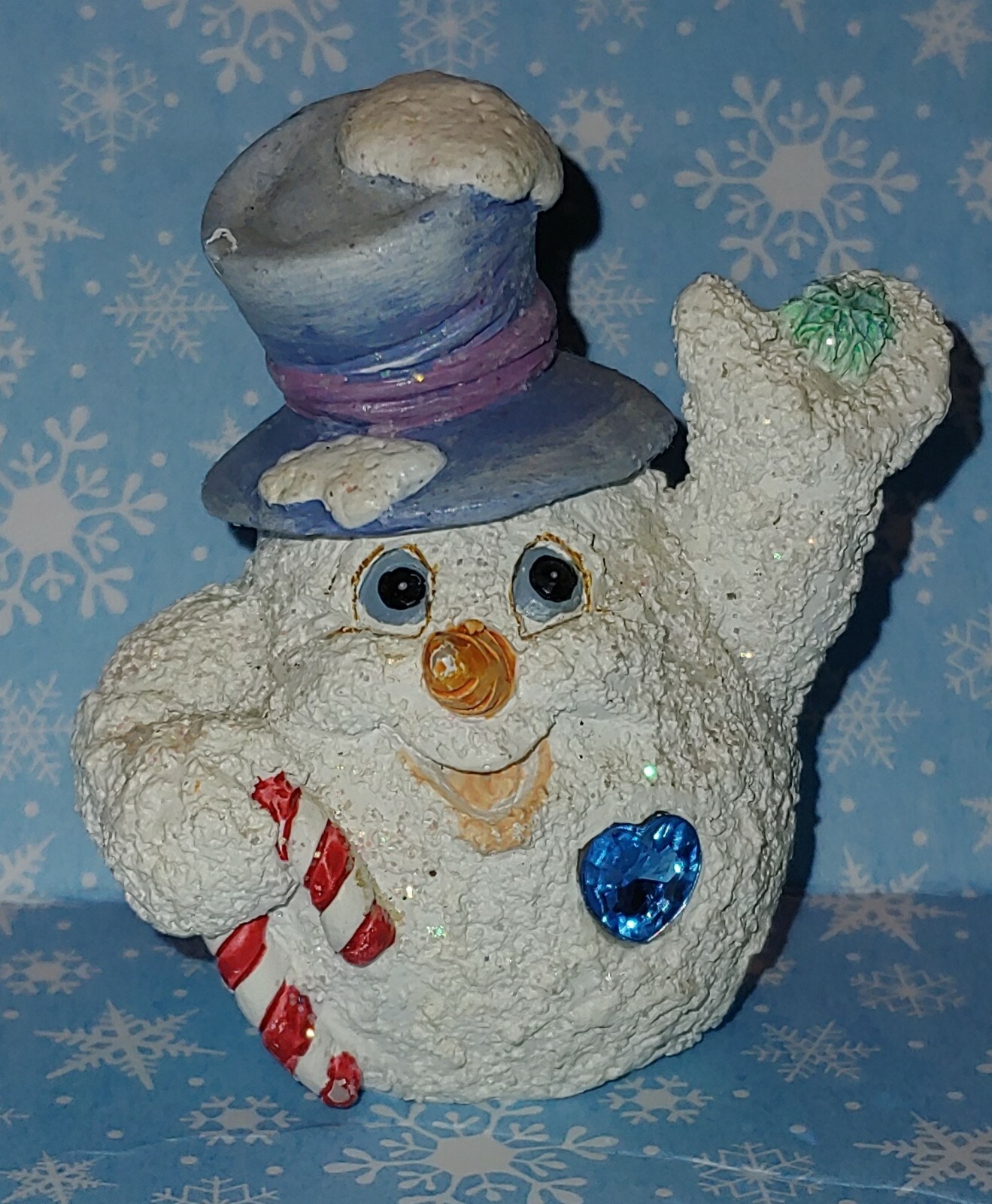 Christmas Signed Kristin Snow Ball Man figurine Faux Sapphire Stone Figurine