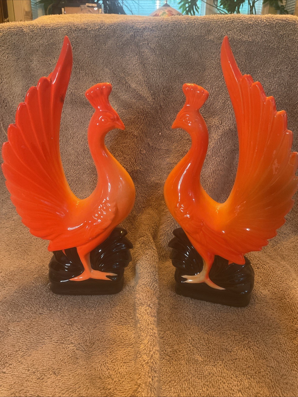 Pair Vintage MCM Ceramic Bright Orange Ombré Phoenix Firebird Peacocks 1960s
