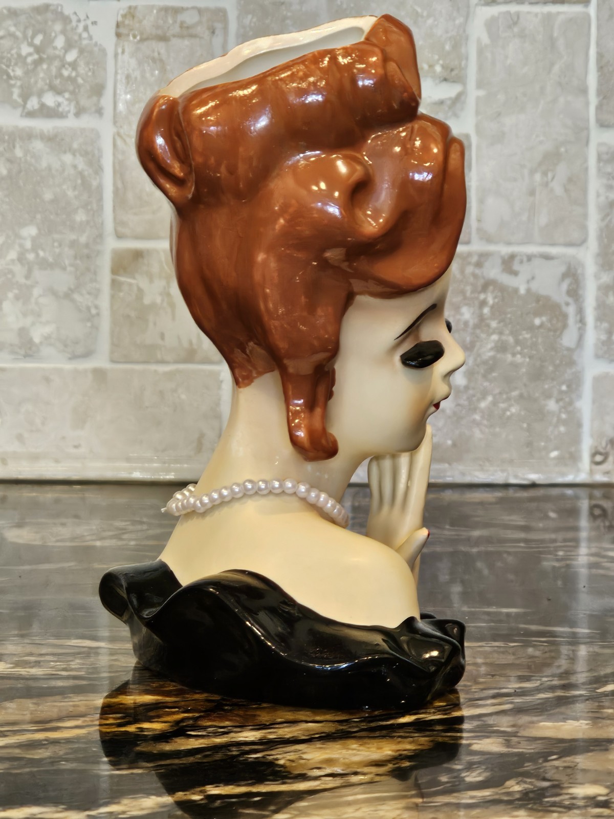 Lady Head Bust Figurine Woman Pearl Necklace Black Dress 7in REPRODUCTION
