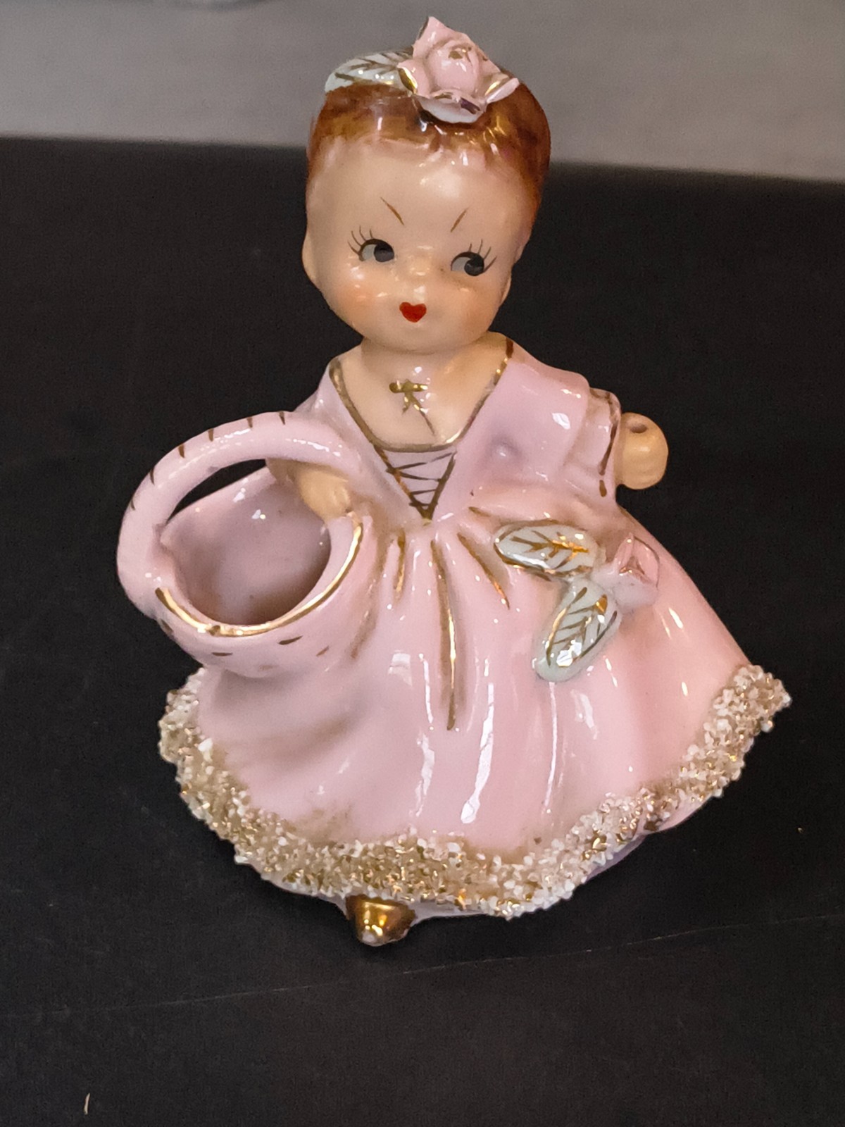 VTG Ucagco Pink Girl Figure w Ponytail Basket Figurine Spaghetti Gold Trim Dress