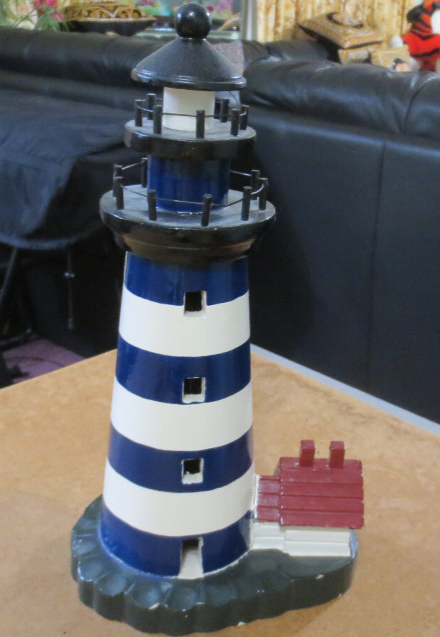 Lighthouse Statue Wooden Figure – Reddish Brown Roof House – Wood 13 inches tall