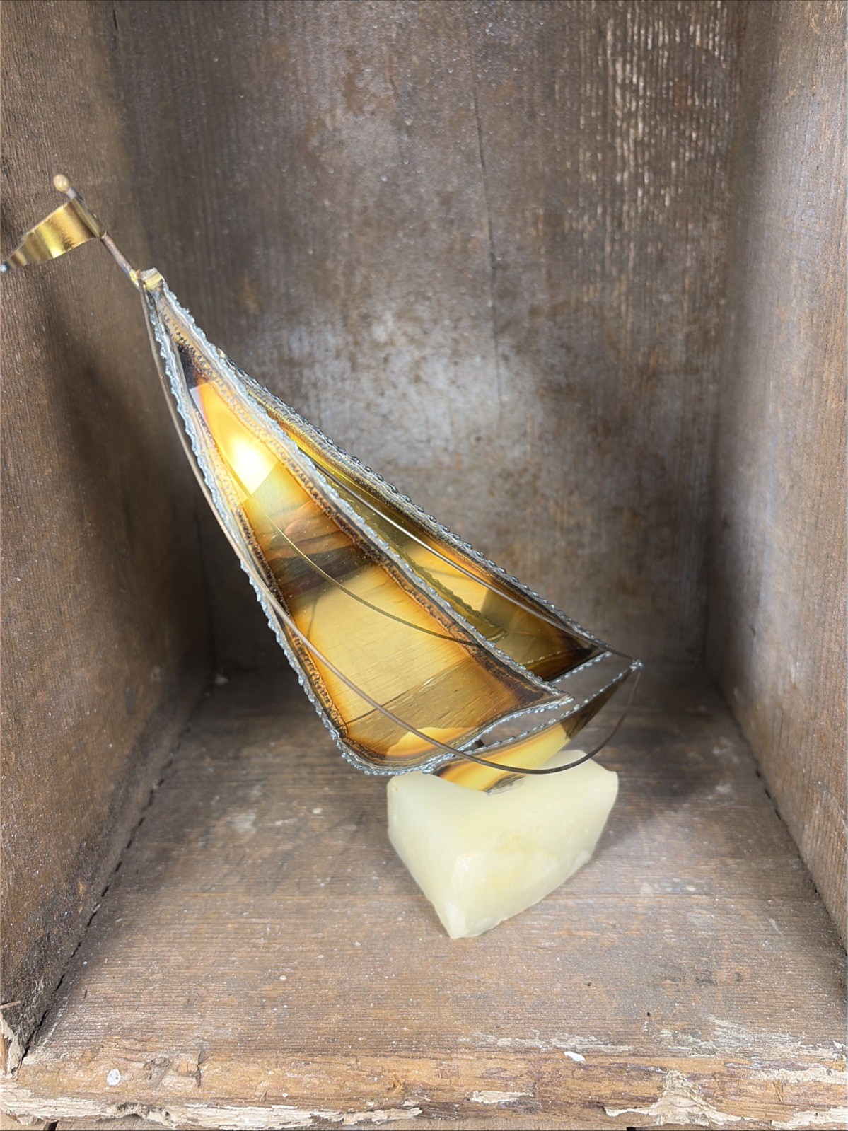 Mario Jason MCM Brutalist Brass Copper & Onyx Sailboat Sculpture Signed Base HBB