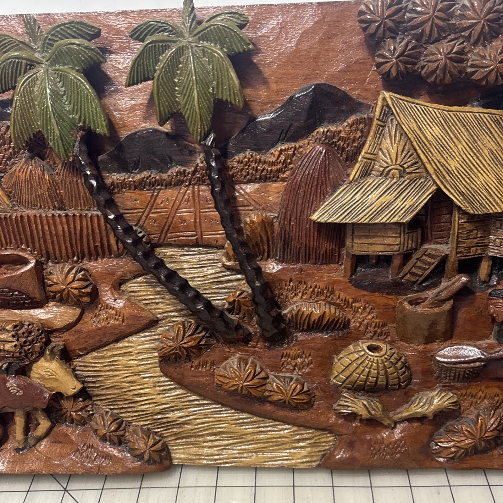 Pristine 25″ Vintage Philippines 3D Wood Relief Panel 1960s Peace Corps Carving
