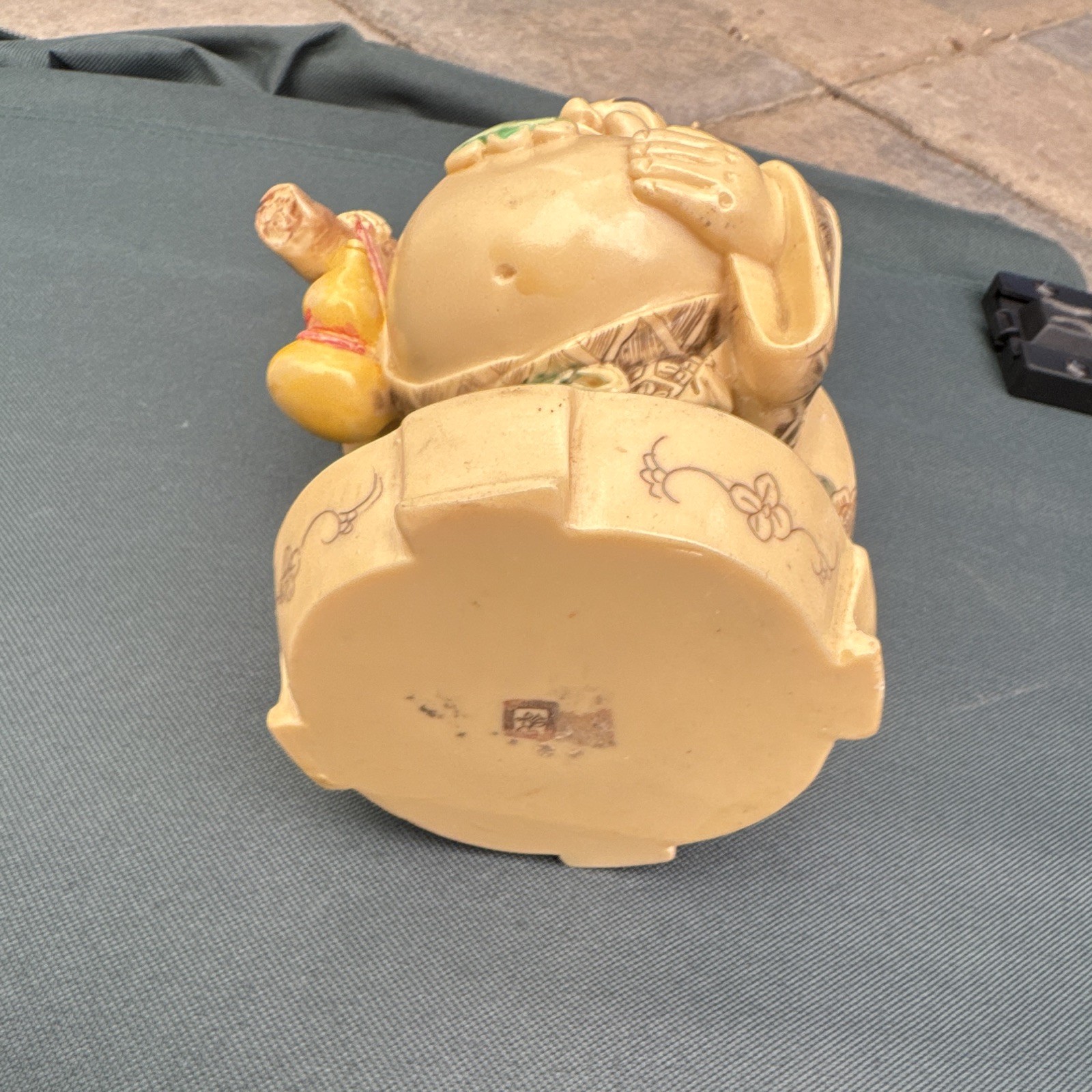 Ceramic Laughing Buddha Figurine, Glossy Finish, Beige Brown Green, Unboxed