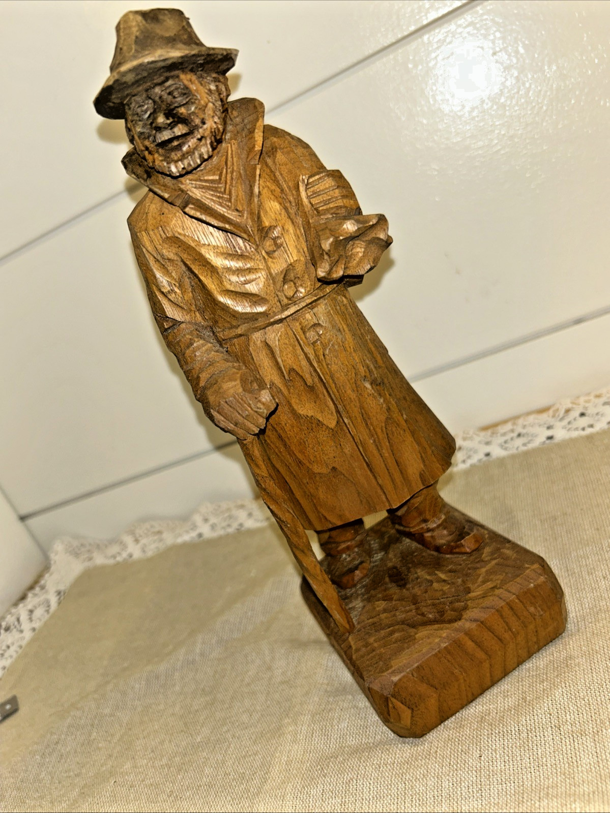Hand Carved Wood Folk Art Signed Artist Figurine 9.5″ Man Sack Over Shoulder