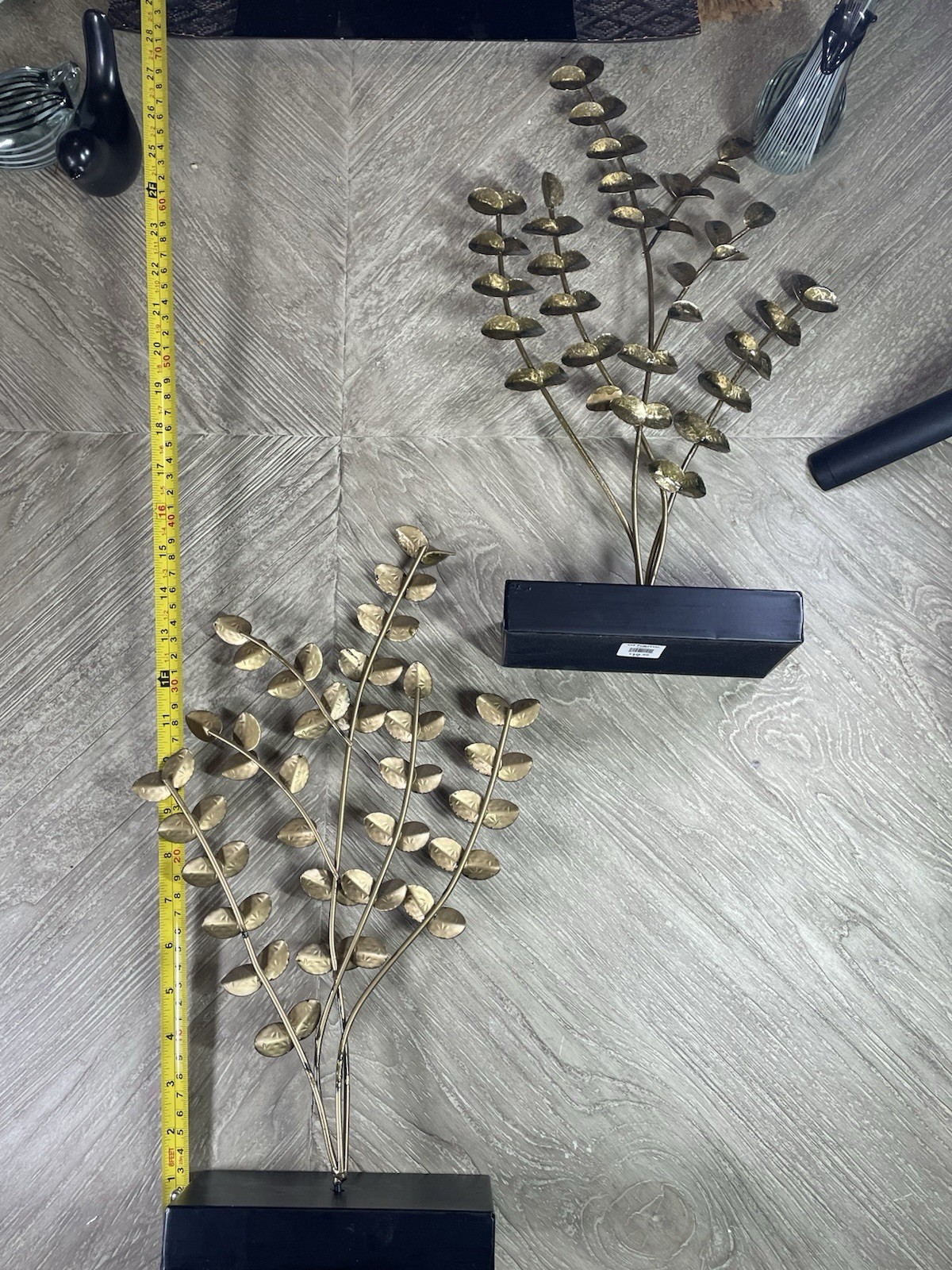 Pair of Gold Metal Leaf Sculptures Freestanding Modern on Black Base