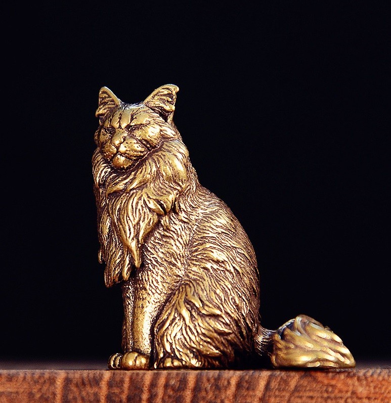 Brass Maine Coon Cat Animal Figurine Miniature Statue Table Home Decoration Toy