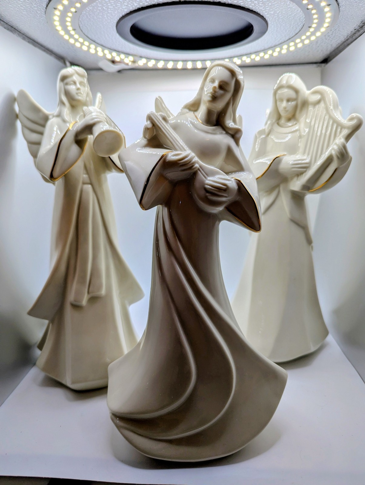 Mikasa Porcelain Angel Figurines Set of 3 White Gold Trim Musical Trio Harp Flut
