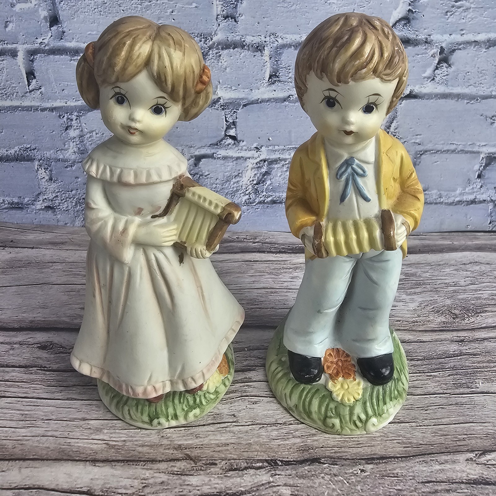 Vintage Porcelain Figurines Pair Boy w/ Accordion & Girl w/ Harp Lyre