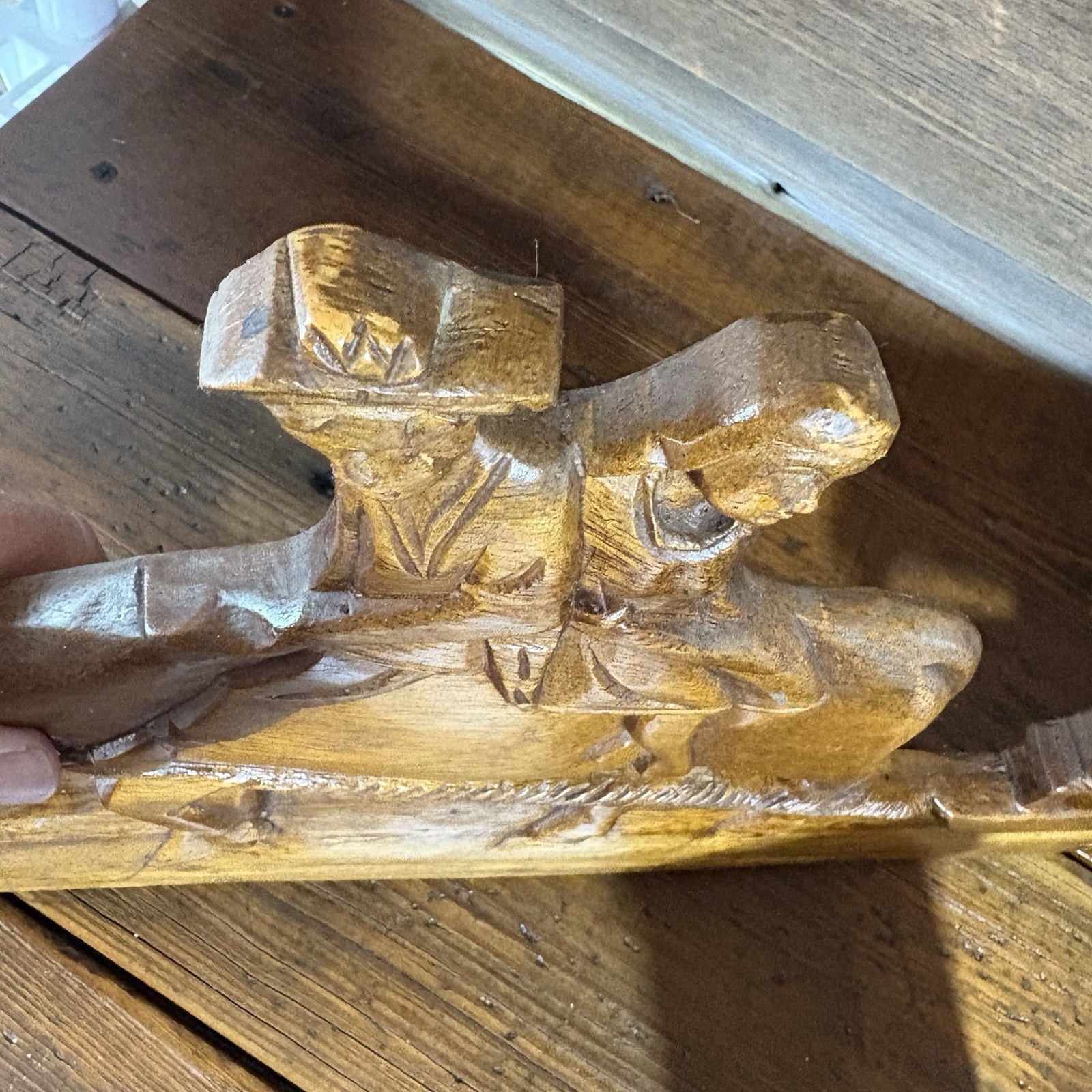 Hand carved wood wall hanging Ox cart Folk art Lrg 22″ Farm Vtg Rustic Primitive