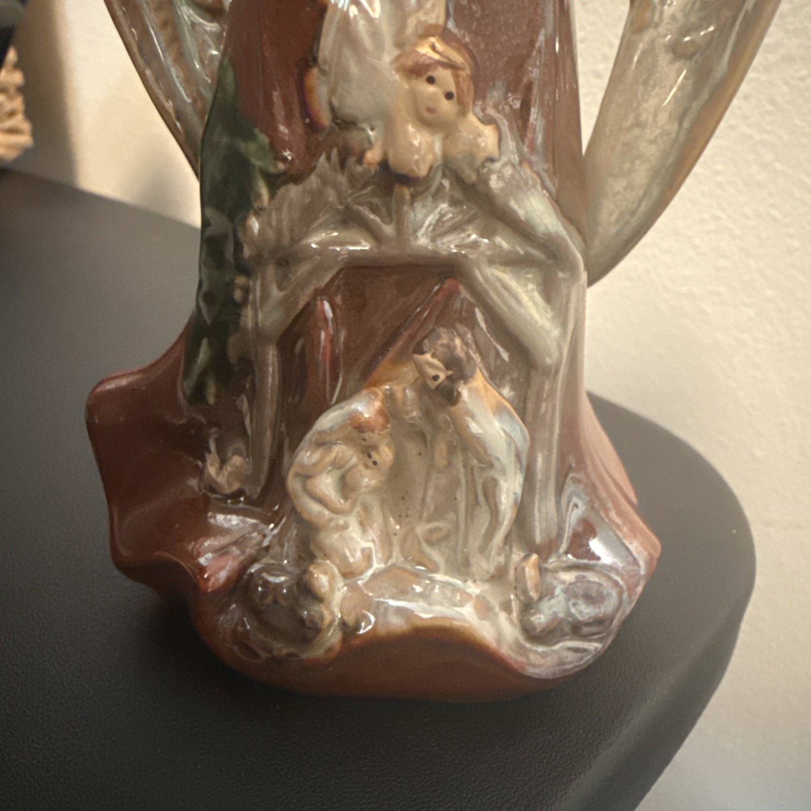Vintage Ceramic Figurine Angel w Nativity Scene at Her Feet 7”