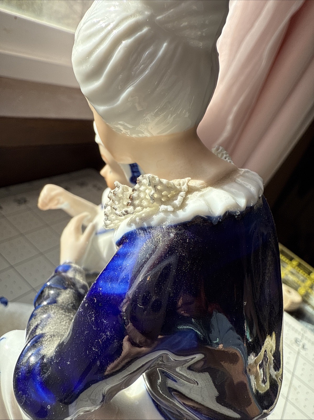 Woman & child with birds Figurine statue White And Cobalt Blue Gold Details J&J