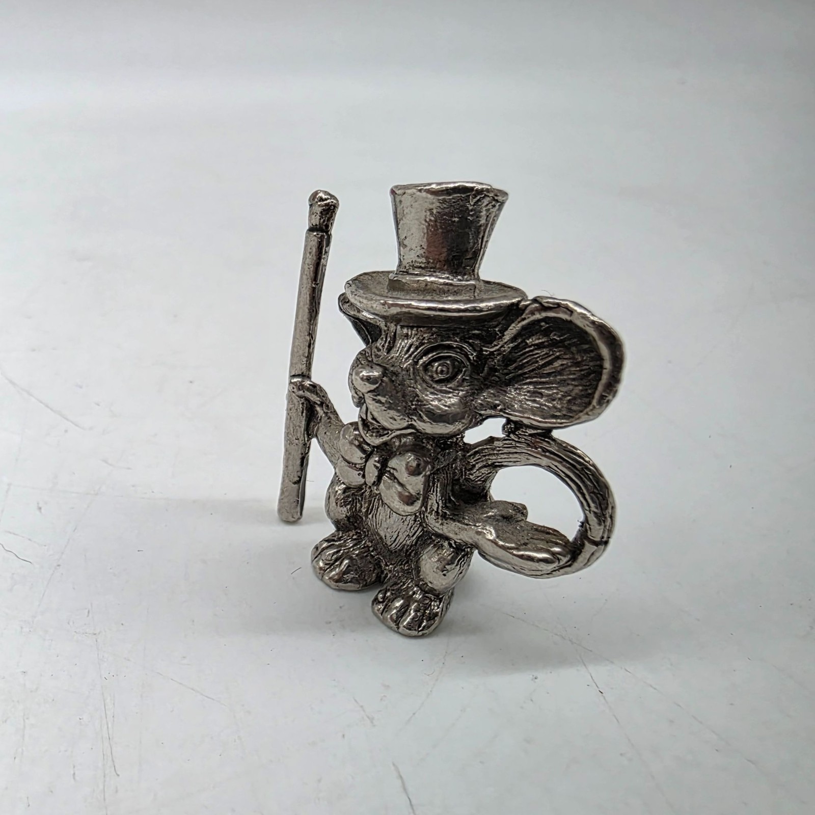 Vintage Silver Tone Mouse Figurine With Top Hat & Cane 1.75″
