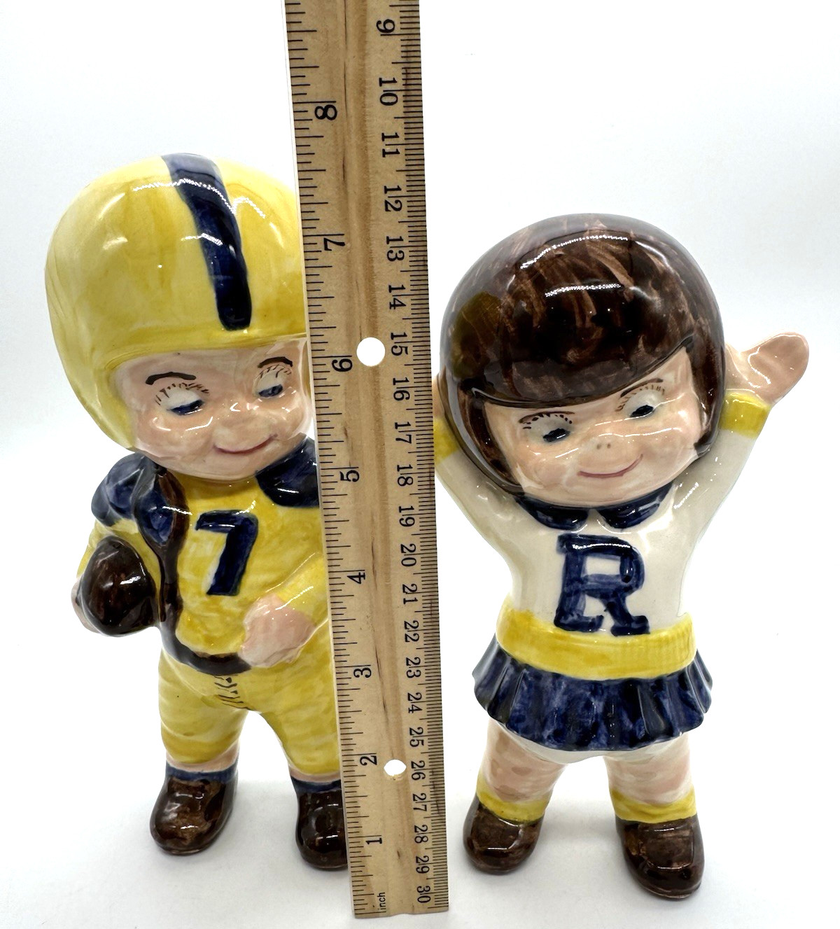 Lot of 2 Vintage Ceramic Figures Cheerleader &Football Player 70s Kitsch Decor