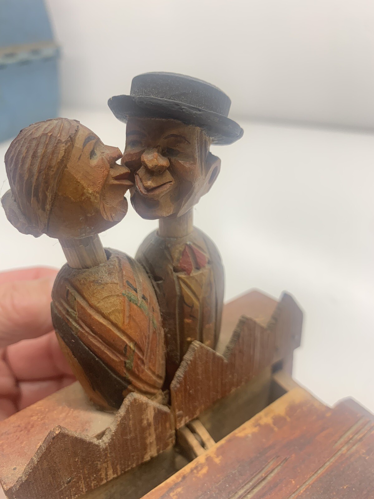 Vintage Anri Man Woman Wooden Figures Box Old Carved Art Carving