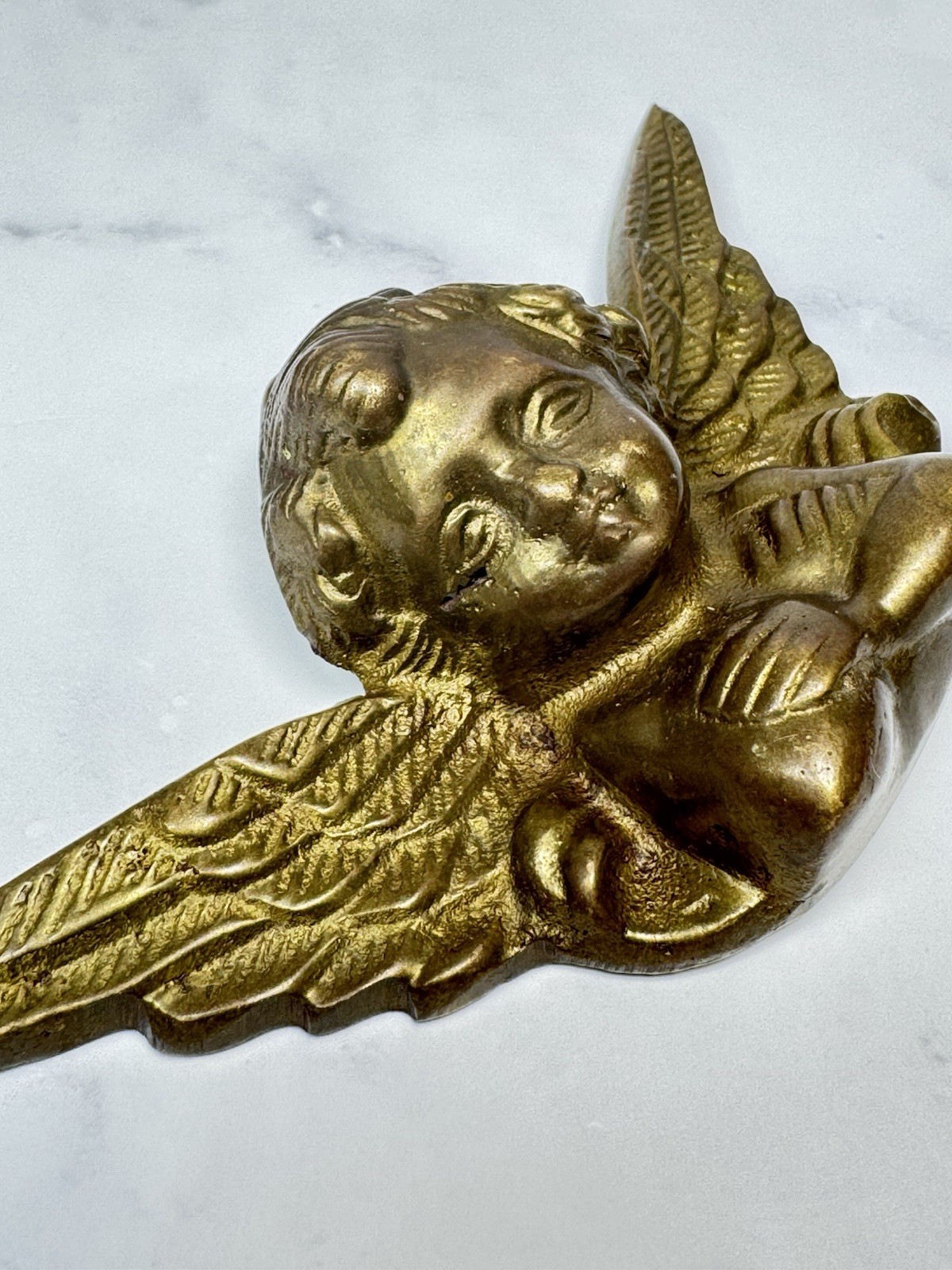 Vintage Brass Angel Cherub Wall Hanging Boudoir Whimsical Sculpture Figurine 5″