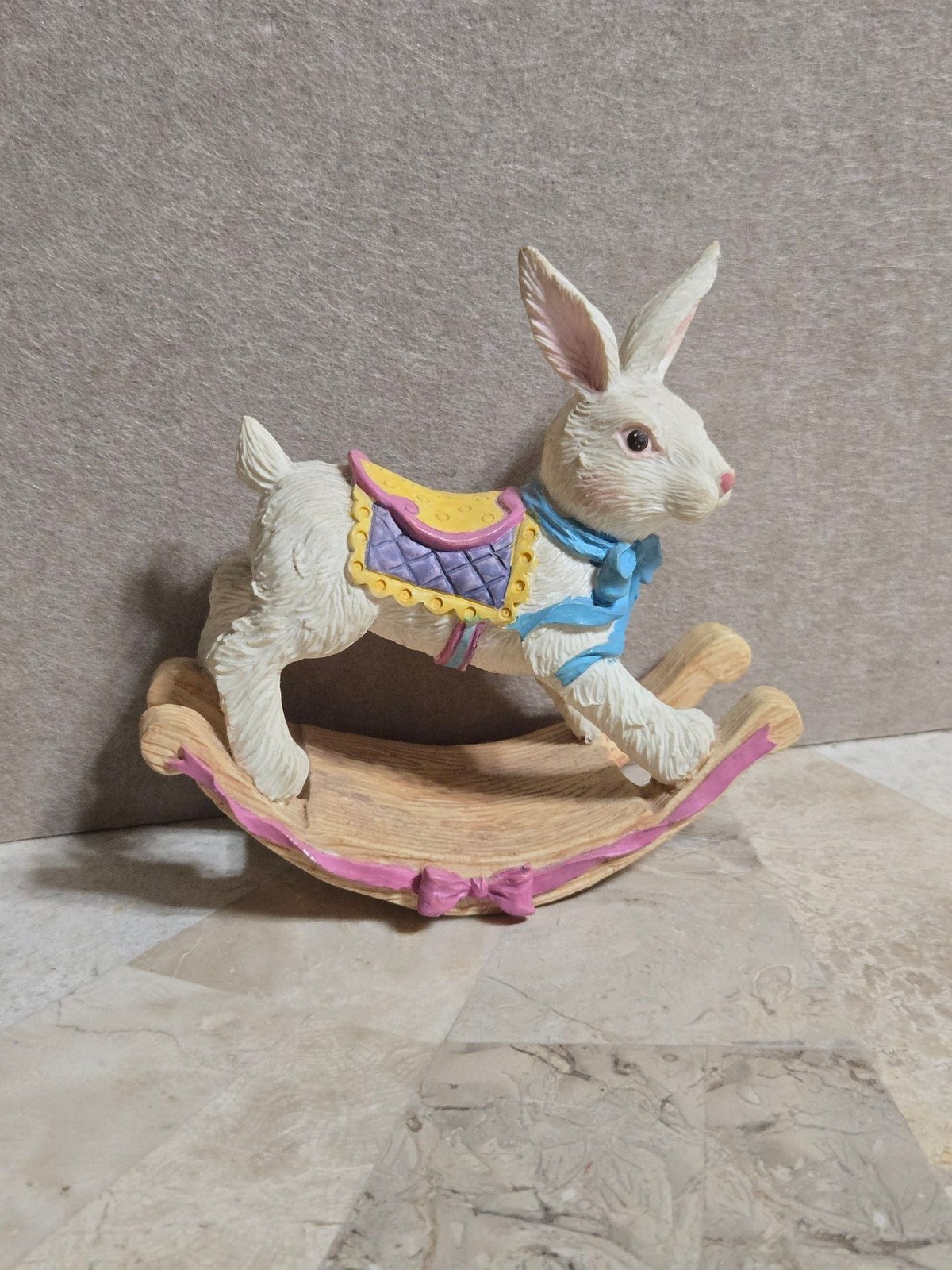 Easter Figurines Rocking Bunny Made Resin Hand Painted 4 1/2 In High 4 5/8 Wide