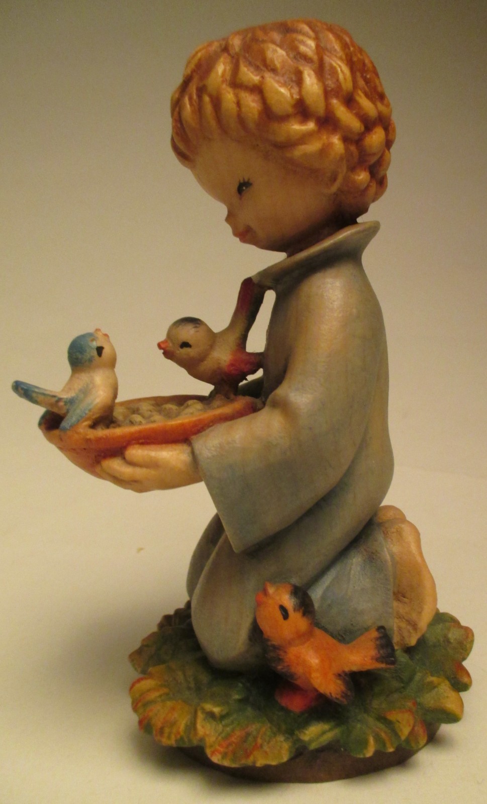 Vintage ANRI Signed Ferrandiz Hand Carved Wood Figurine Boy Feeding Birds