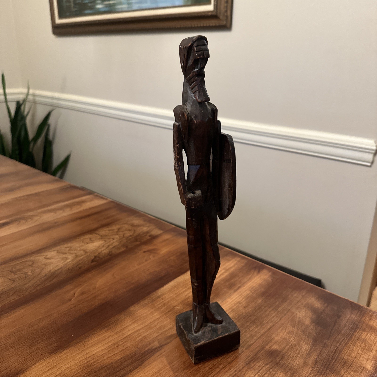 Wood Carving Ancient Warrior Standing Soldier Figure Sculpture 13.75″ Tall VTG