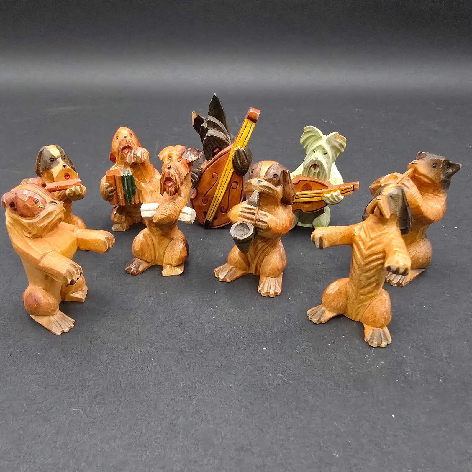 Vintage Hand Carved Wood Dog Band Figurines 8 Piece Set Musical Canine Orchestra