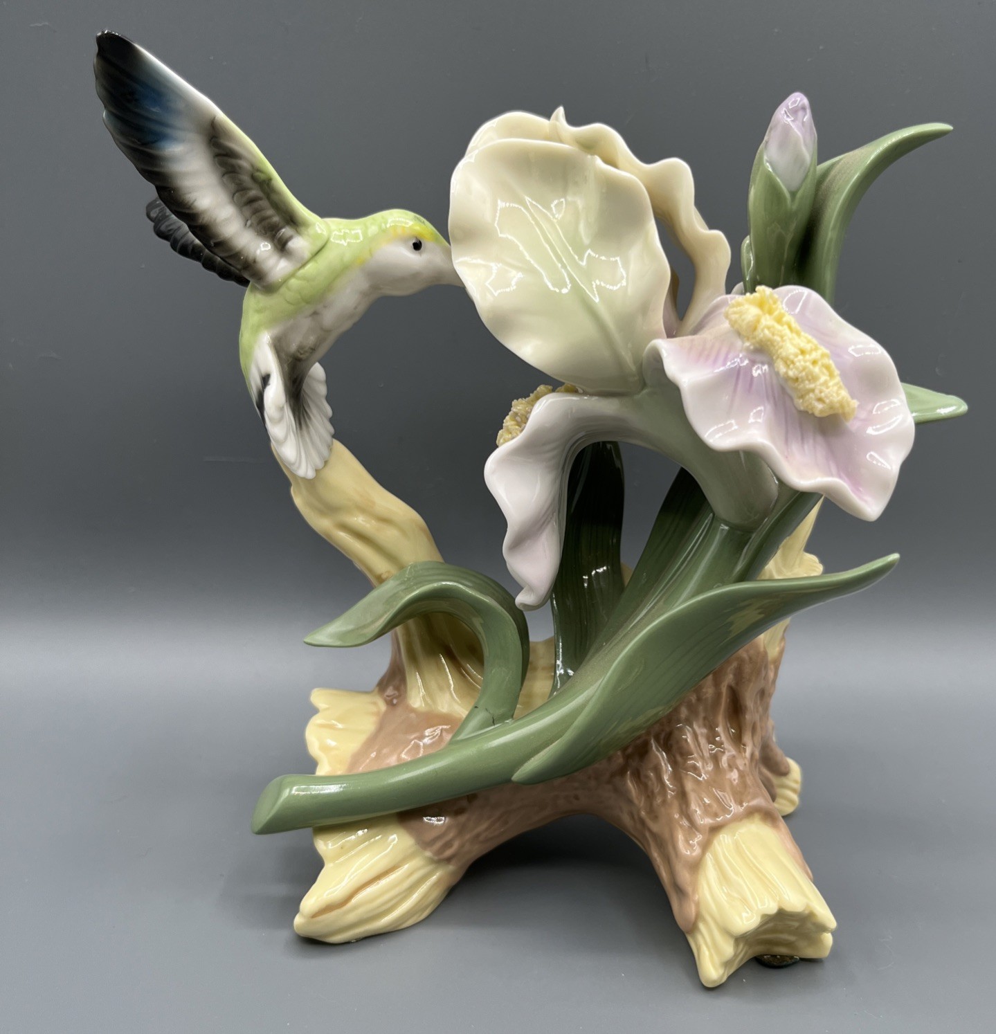 Vintage Porcelain Hummingbird & Iris Figurine Floral Sculpture 6”x 6”
