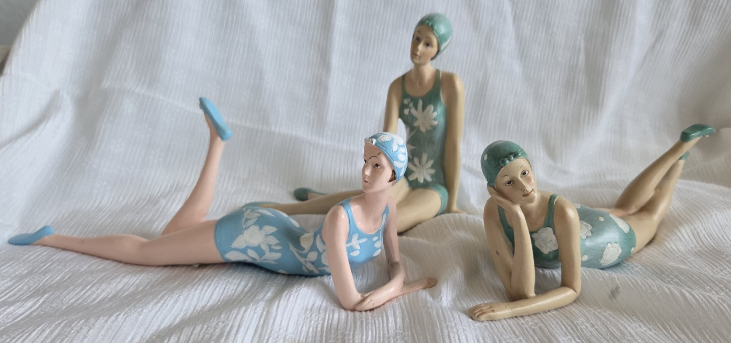 3 Art Deco Bathing Beauty Figurines Teal Blue Flower Swim Suit Retro Beach Babes