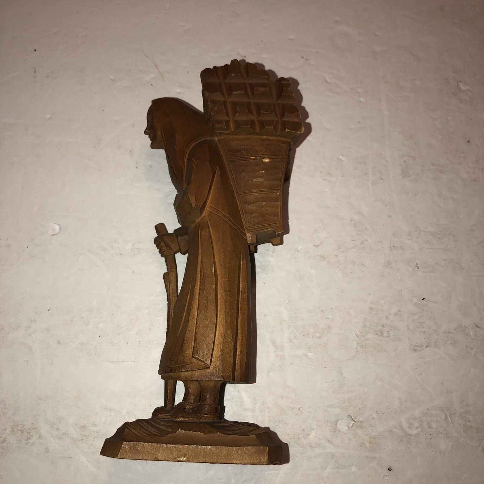 Wood Carved Older Peasant Woman Carrying Firewood Figurine Folk Art Stick Cane