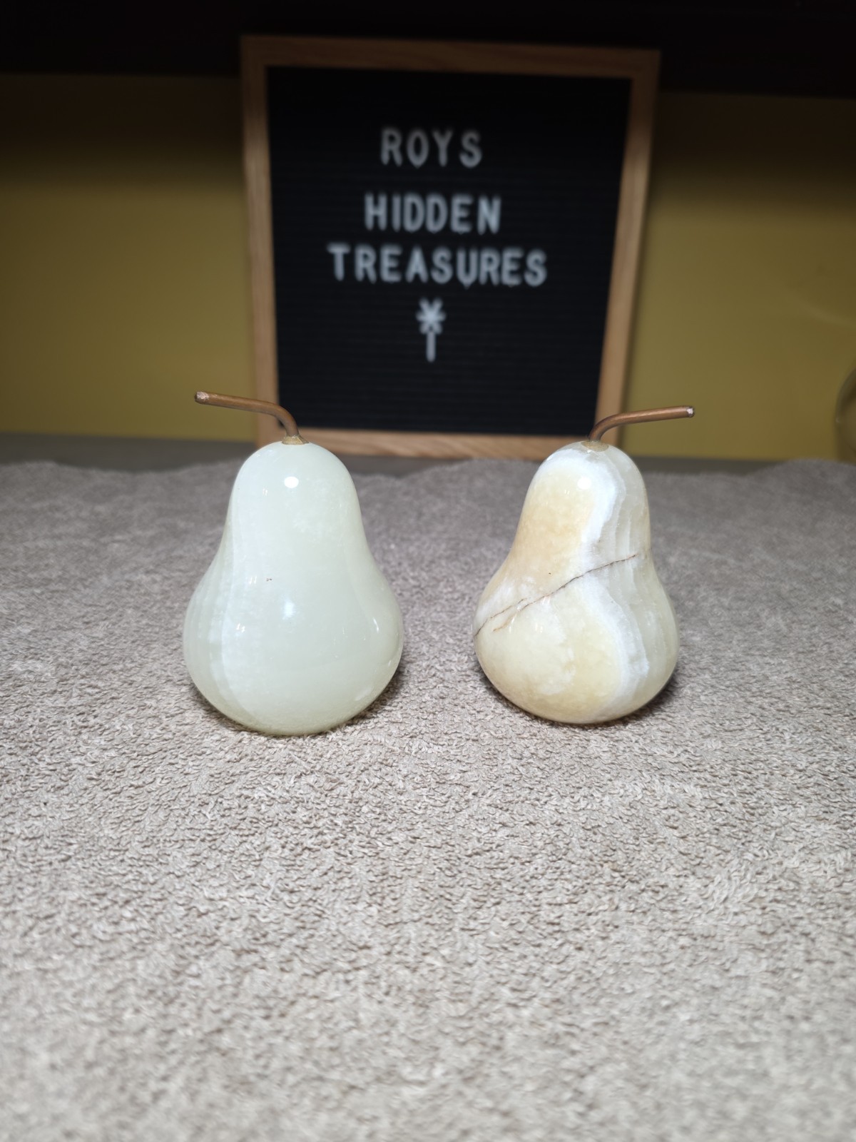 Set of 2 Vtg ONYX Solid Stone PEARS Pear Sculptures FRUIT DECOR Metal Stems MCM