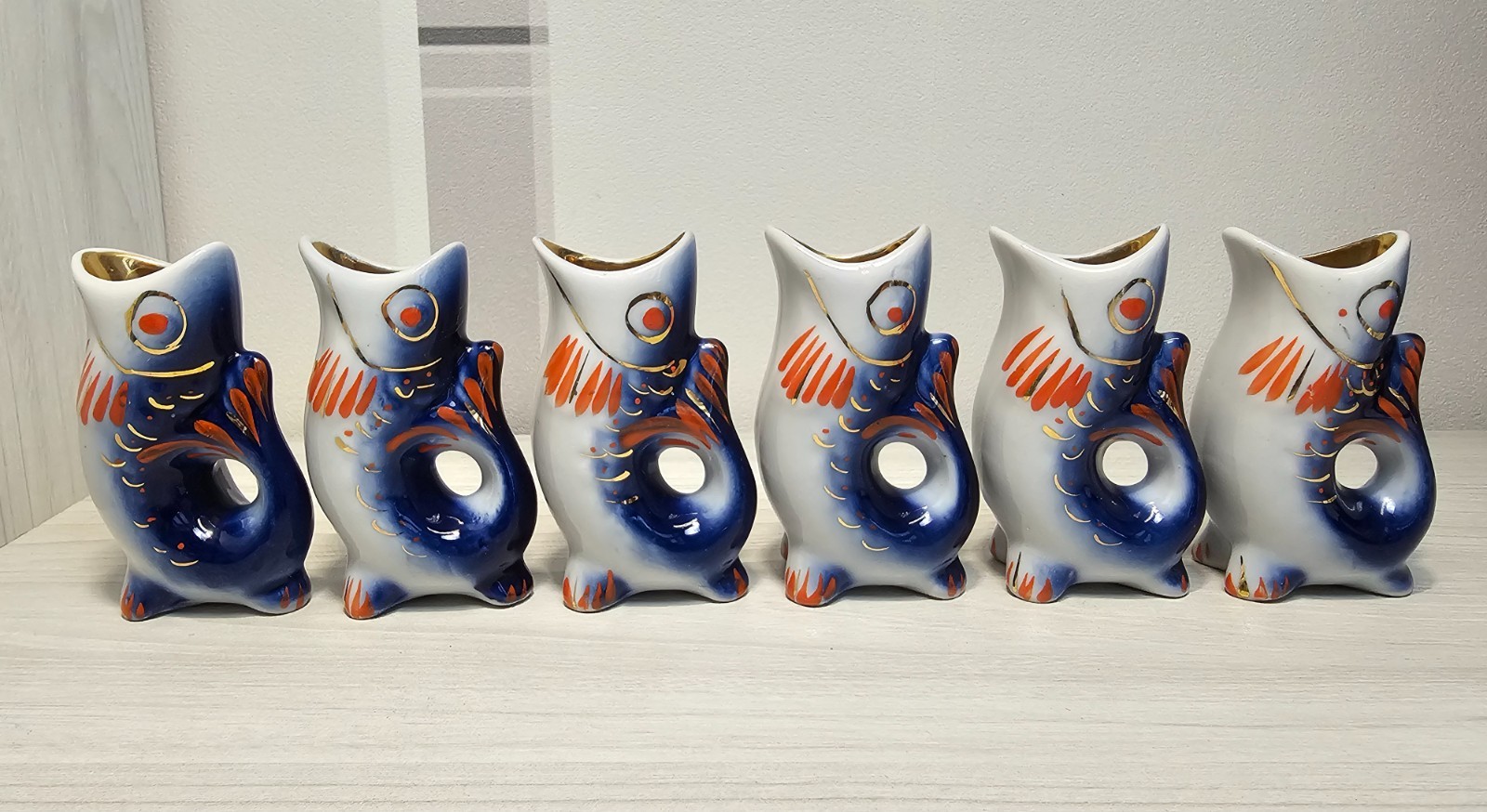 Soviet USSR Ukrainian Porcelain Fish Decanter and 8 Shot Glasses Polonnoye 700ml