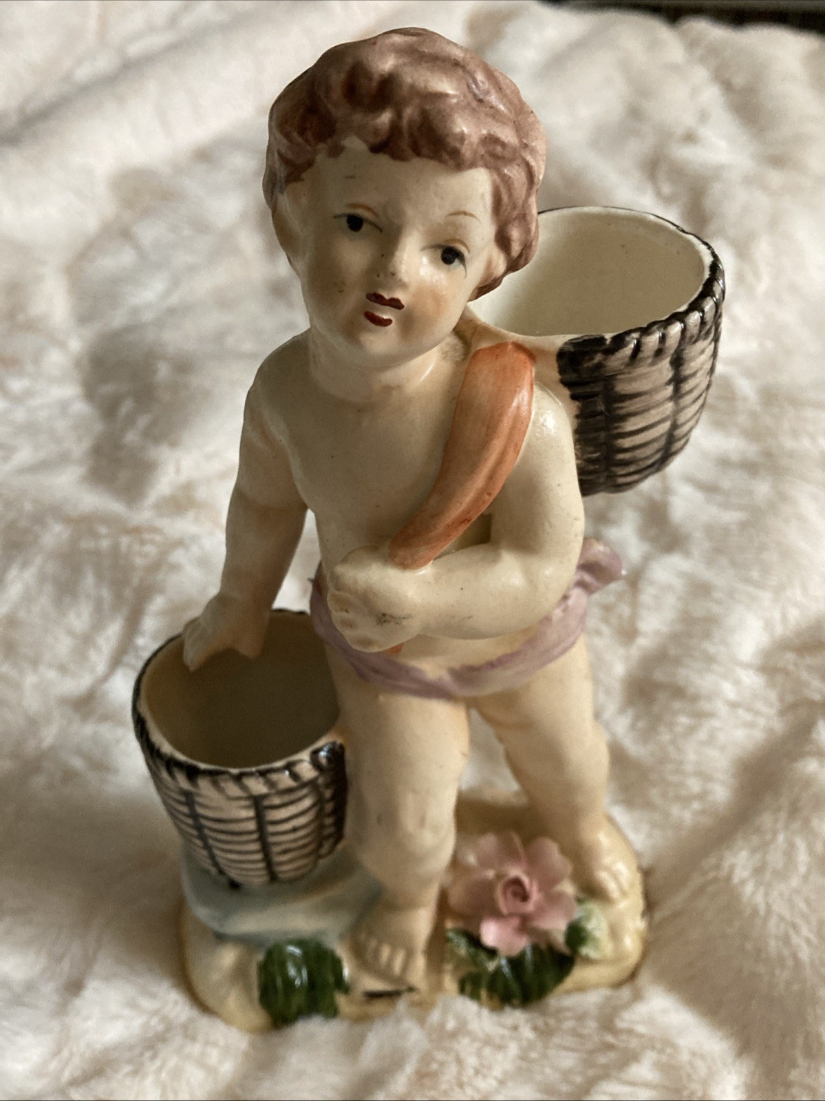 Vintage Norleans Japan Cherub with Baskets Figurine 6 Inches Tall Ceramic