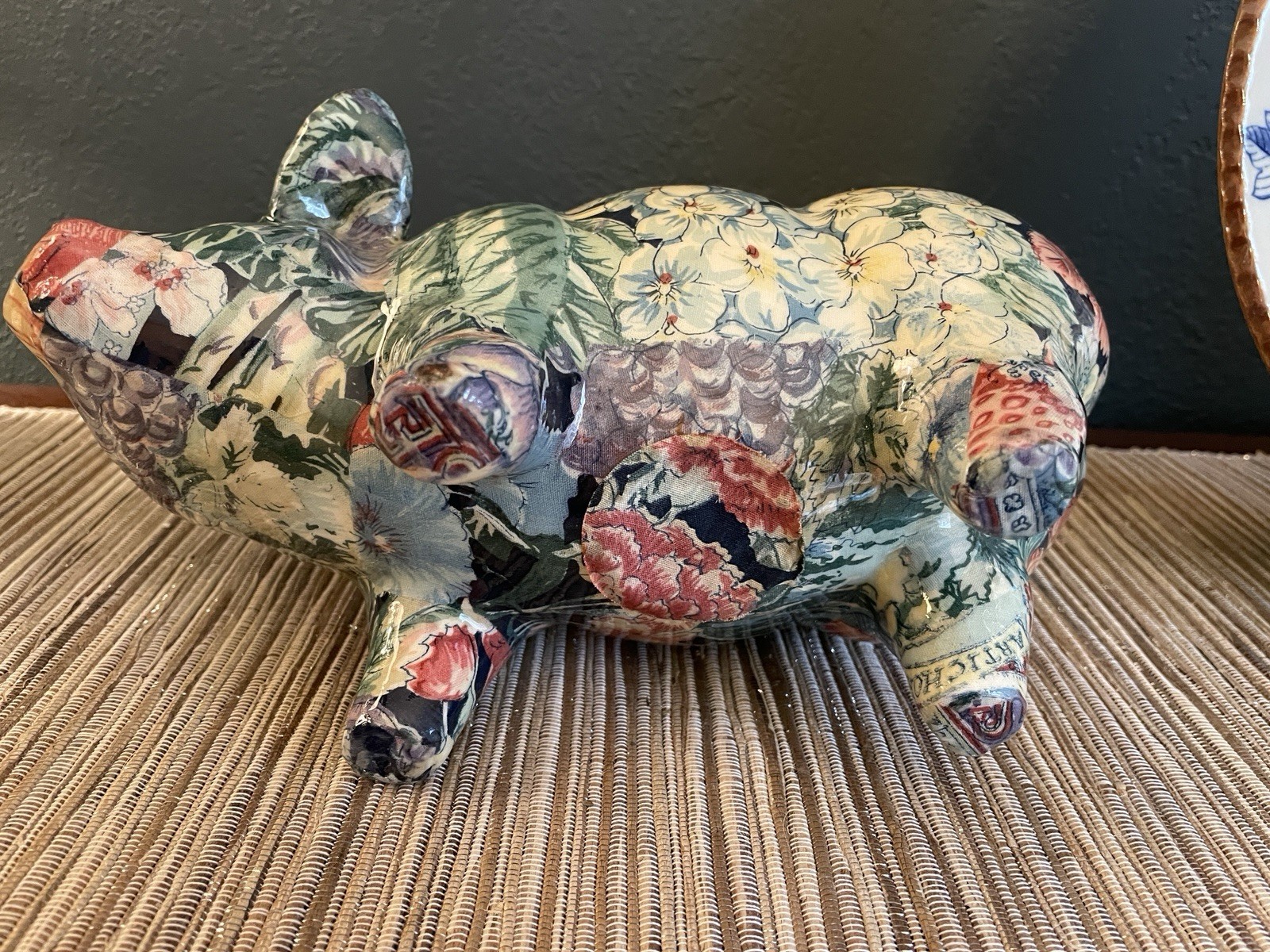 VTG Joan Baker Floral Patchwork Decoupage Piglet Statue Figurine