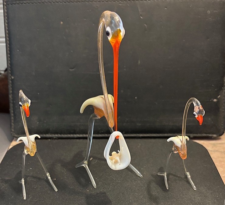 Purchased in the United Kingdom 1974 Vintage Hand Blown Glass Stork Set
