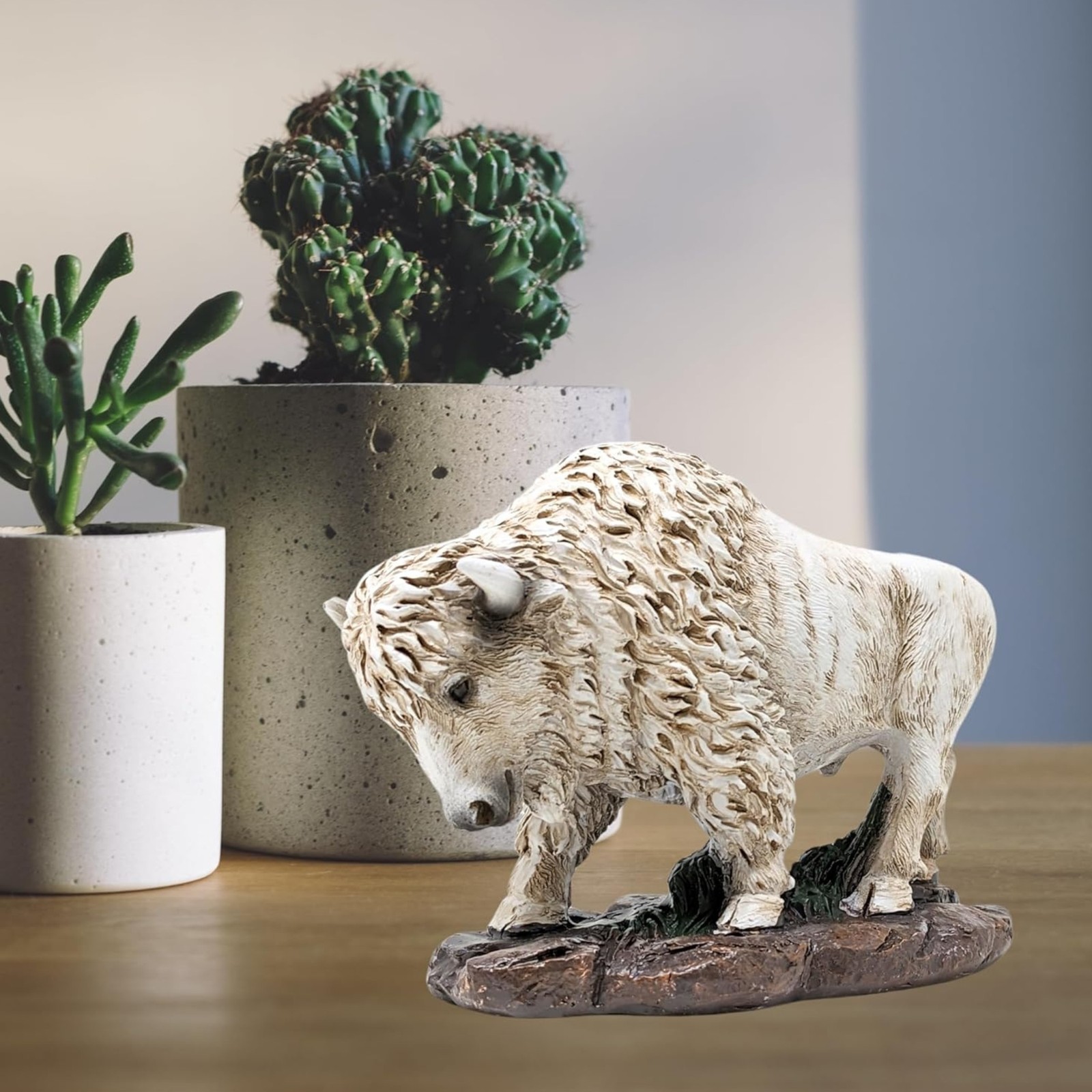Small White Bison Figurine – Lifelike Resin Buffalo Décor for Home or Office