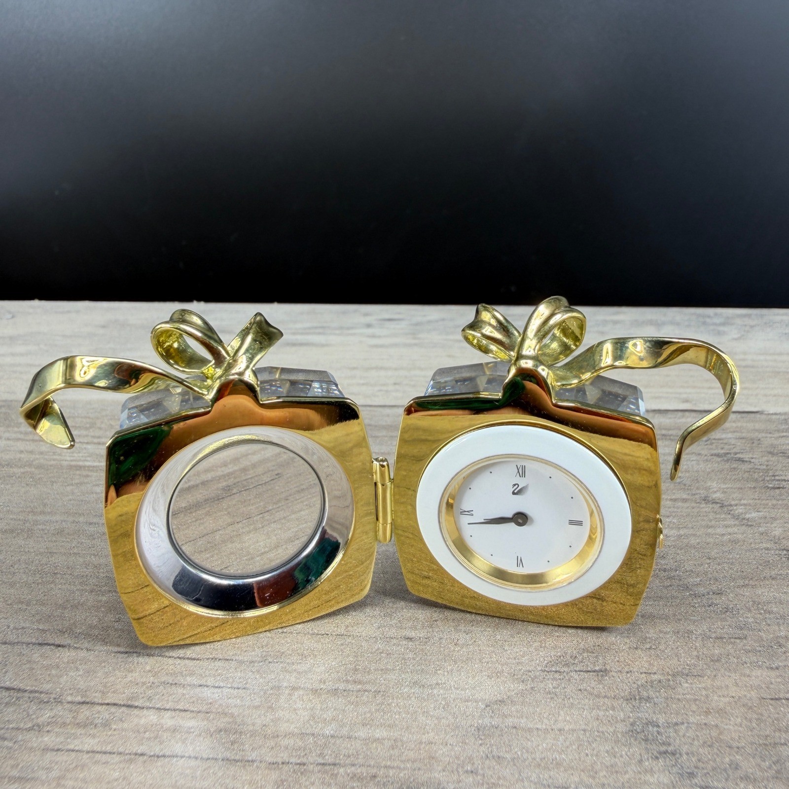 Swarovski Crystal Secrets Gift Box Travel Clock Metal Gold Tone Bow AS IS
