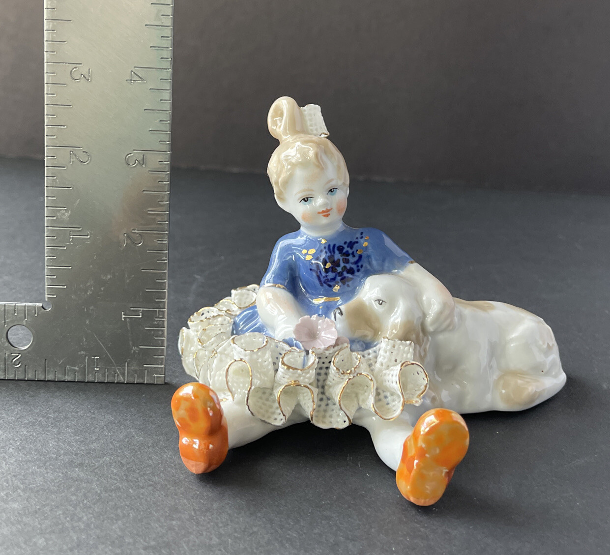 Vintage “Elena Jiauu” Porcelain Hand Painted Girl & Dog LICORN Romania Deva RARE