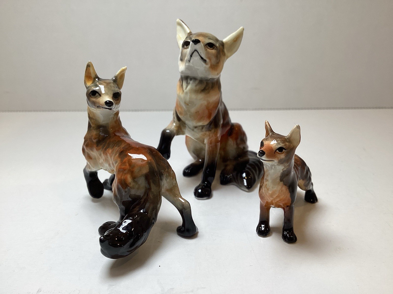 Vintage Bone China Red Fox Figurines: Miniature Family Set, Made in Japan