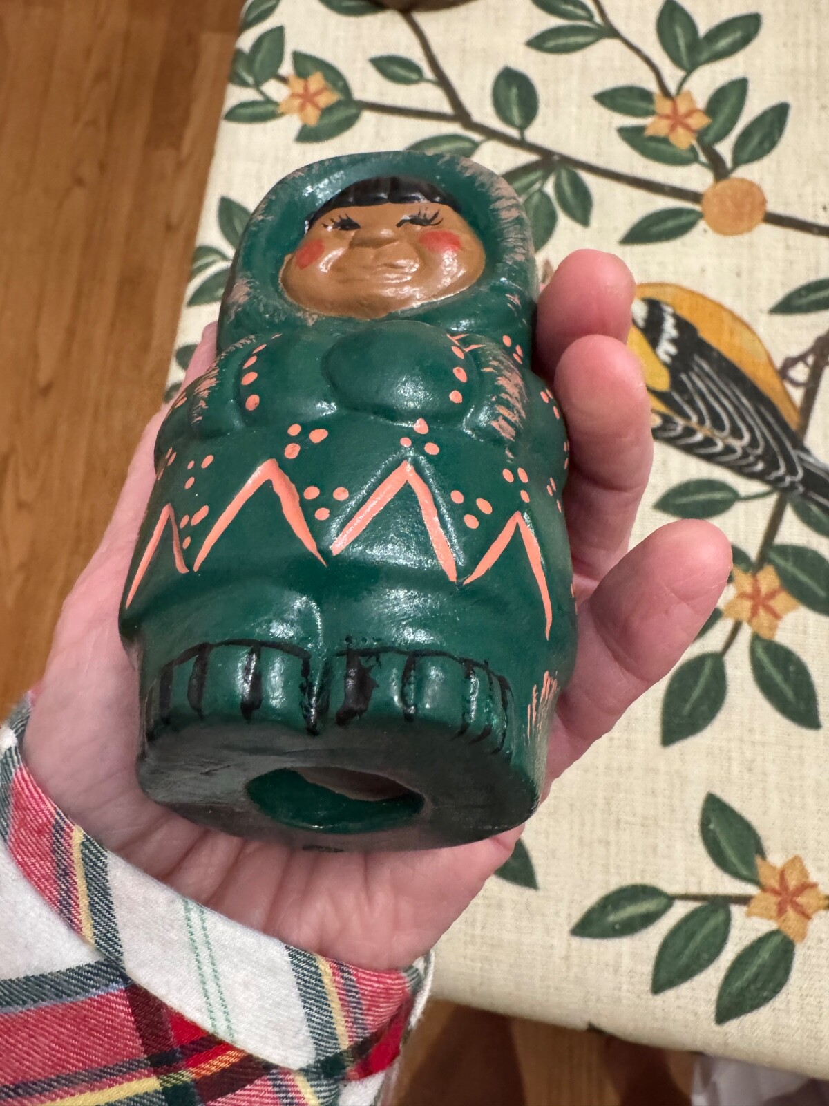 Vintage FIGURINE INUIT ESKIMO Ethnic boy Hand painted Green Suit signed