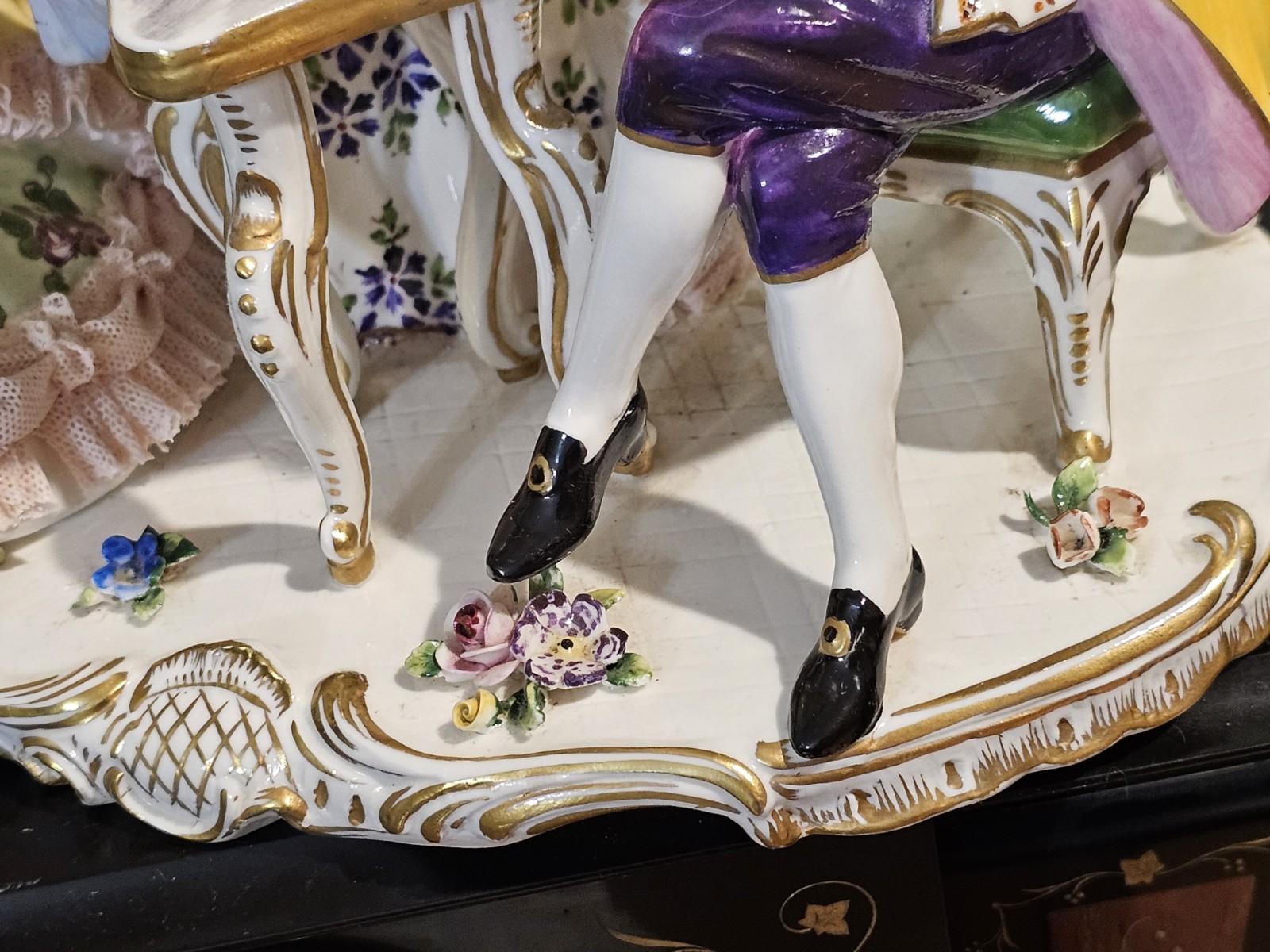 Volkstedt Musicians Trio Porcelain Lace Group Figurine Signed 10”L x 8.25”H