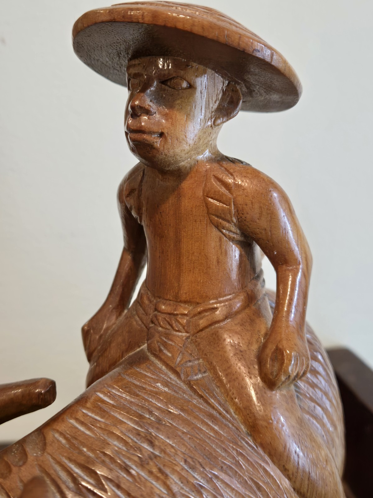 Vintage Hand Carved Wood Asian Farmer Riding Water Buffalo Sculpture Statue Ox