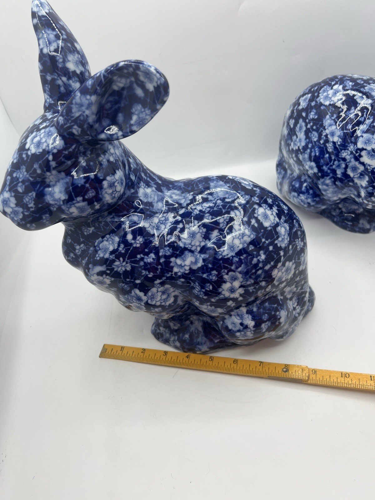 Pair Blue White Floral Ceramic Bunny Rabbits Chinoiserie Decor 12” Rare, NICE