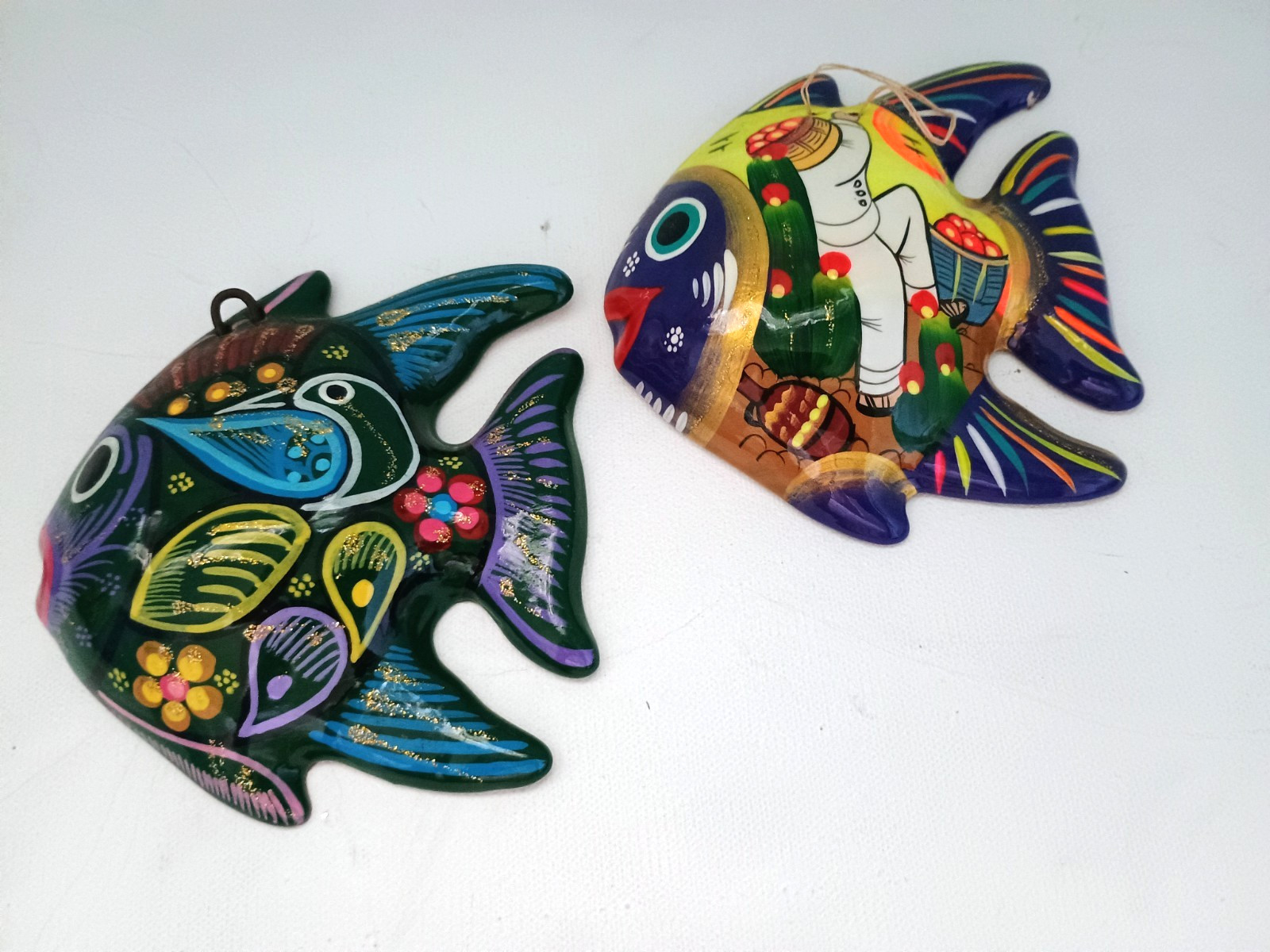 2 Talavera fish wall plaques Cute Mexican Pottery Home Decor Folk Art 4-1/2″