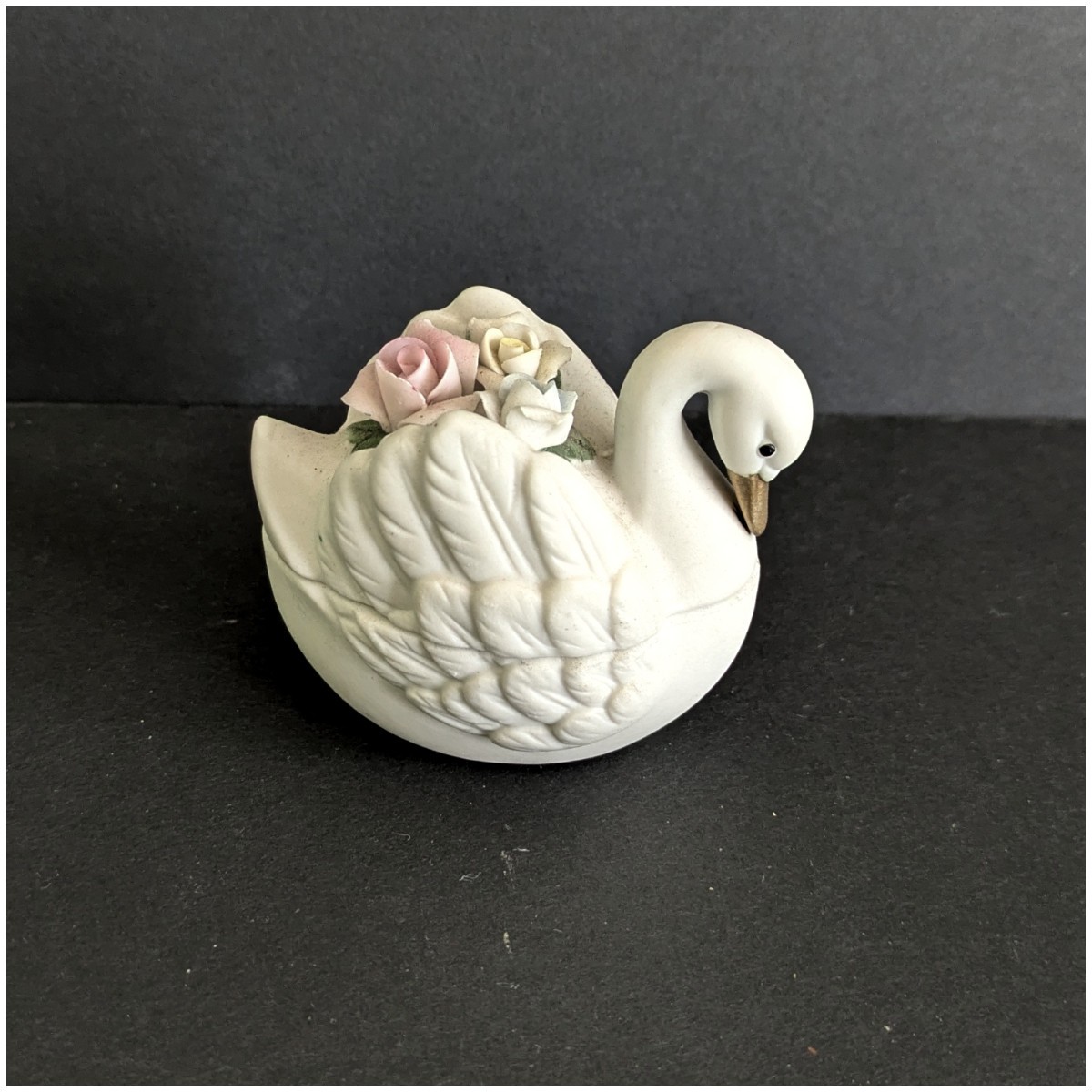 Vintage LEFTON Swan Trinket Dish-Pastel Roses, Japan, Porcelain Jewelry Box Gift