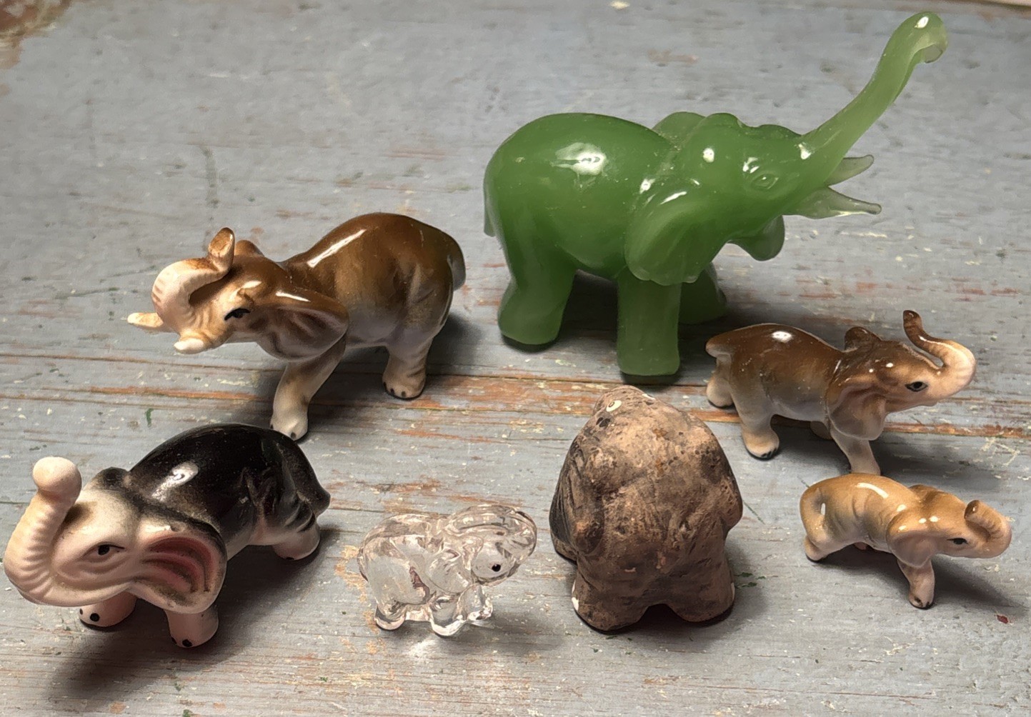 7 Vintage Elephants Animal Figurines Jade Japan Porcelain Glass