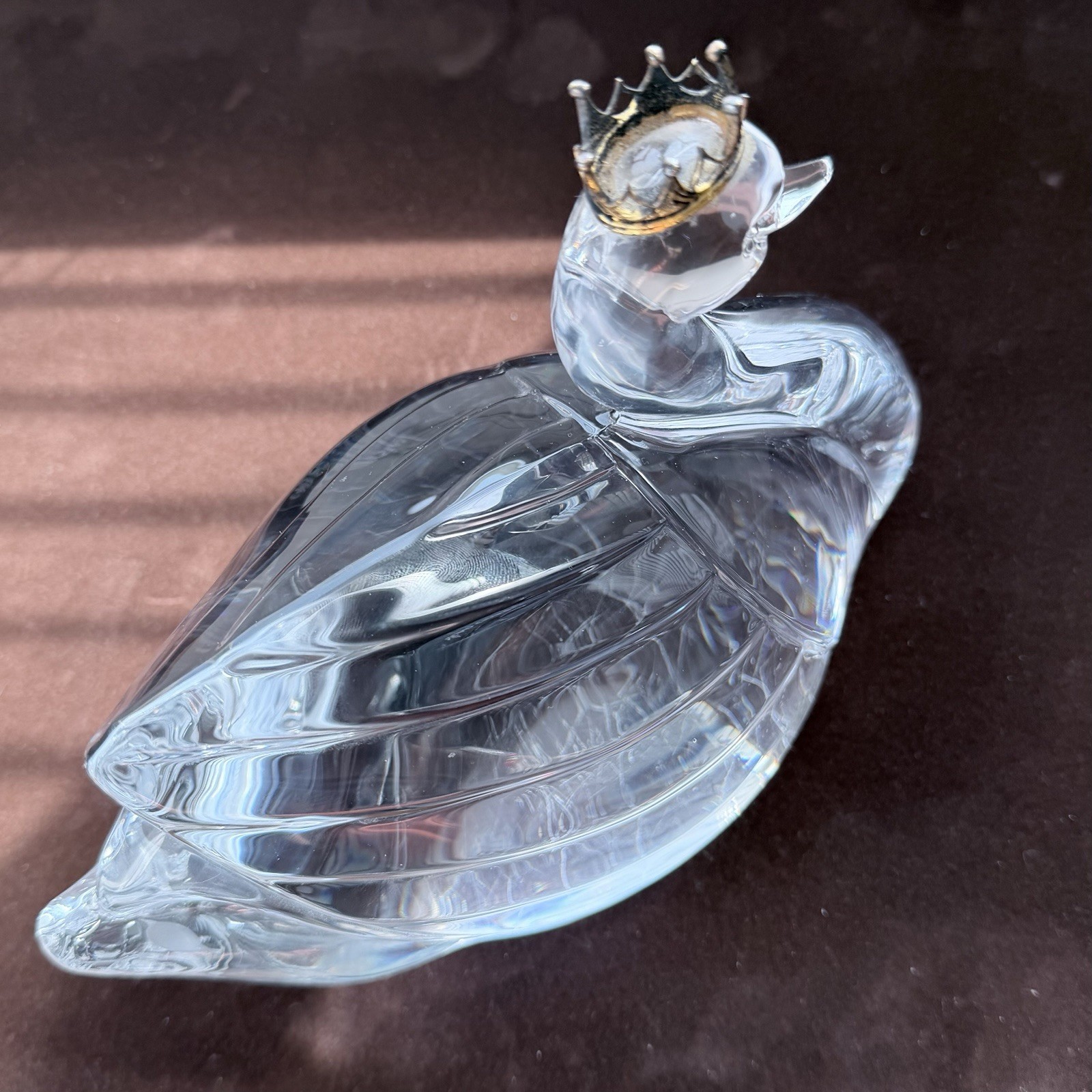 Lead Crystal Swan Figurine With Golden Crown Statue, Made in France
