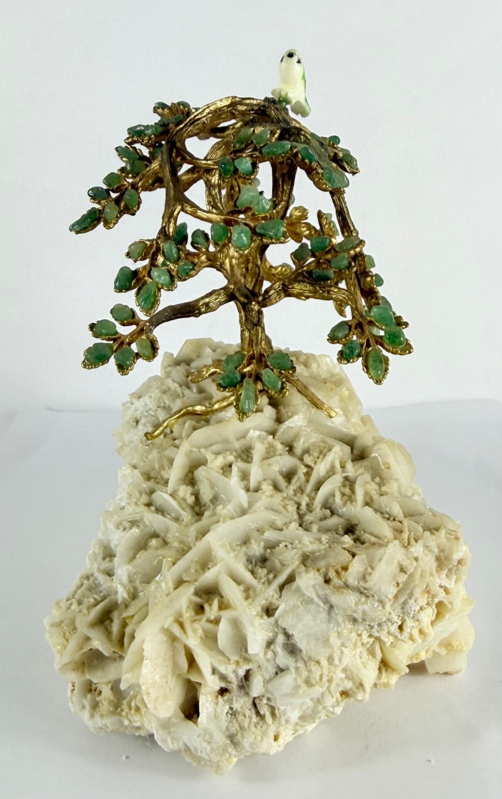 Swoboda Jade Leaves Tree With Bird Gold Trunk Branches Mineral Base VTG 60s